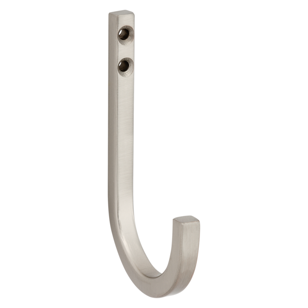 Single satin nickel steel hook with two mounting holes for versatile storage and organization under $50 collections.