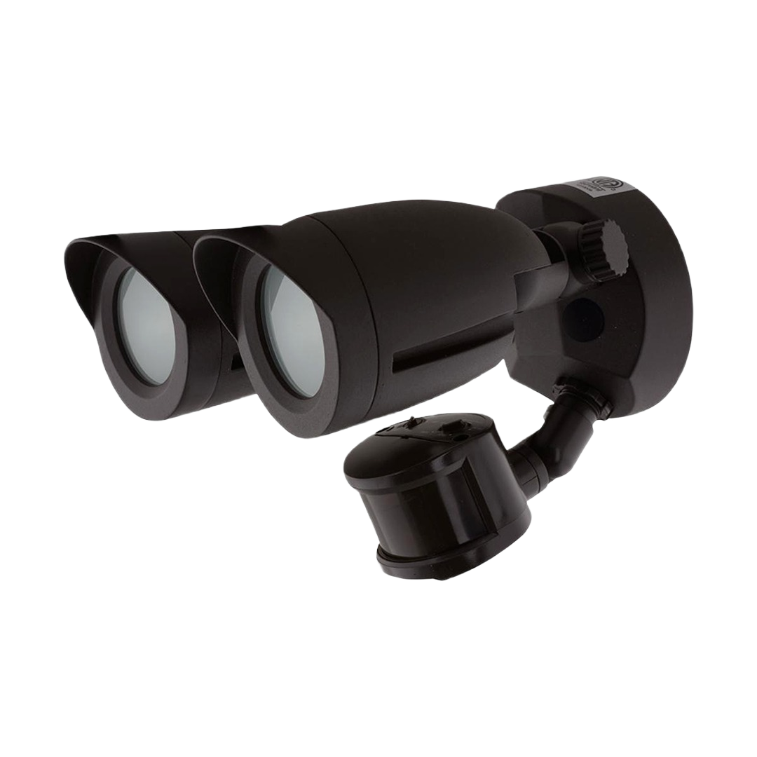 Bronze dual-head LED motion sensor security light with adjustable mounting for outdoor home security and safety lighting.