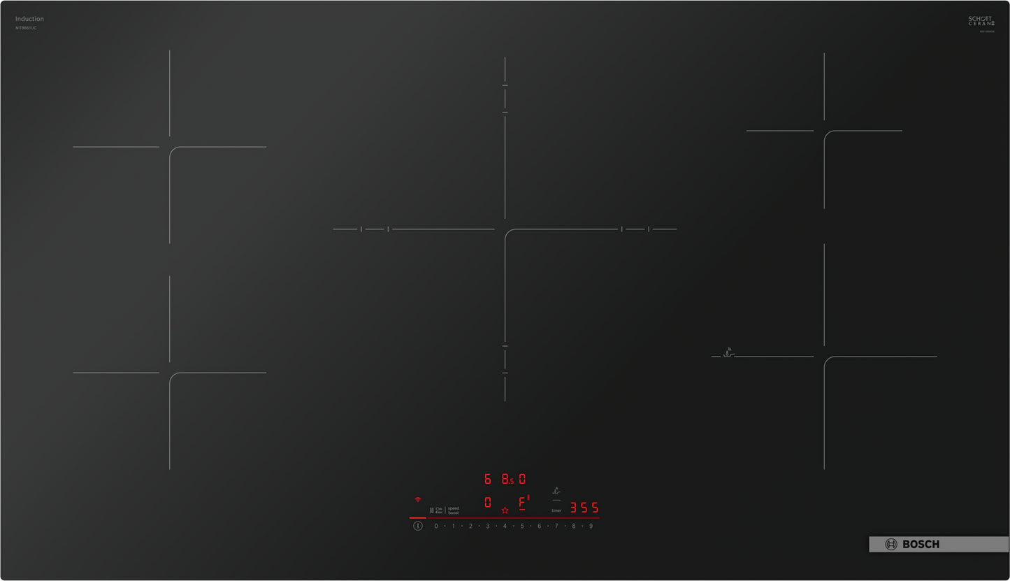 Black Bosch induction cooktop with digital touch controls and four heating zones from Cooktops and Appliances collections