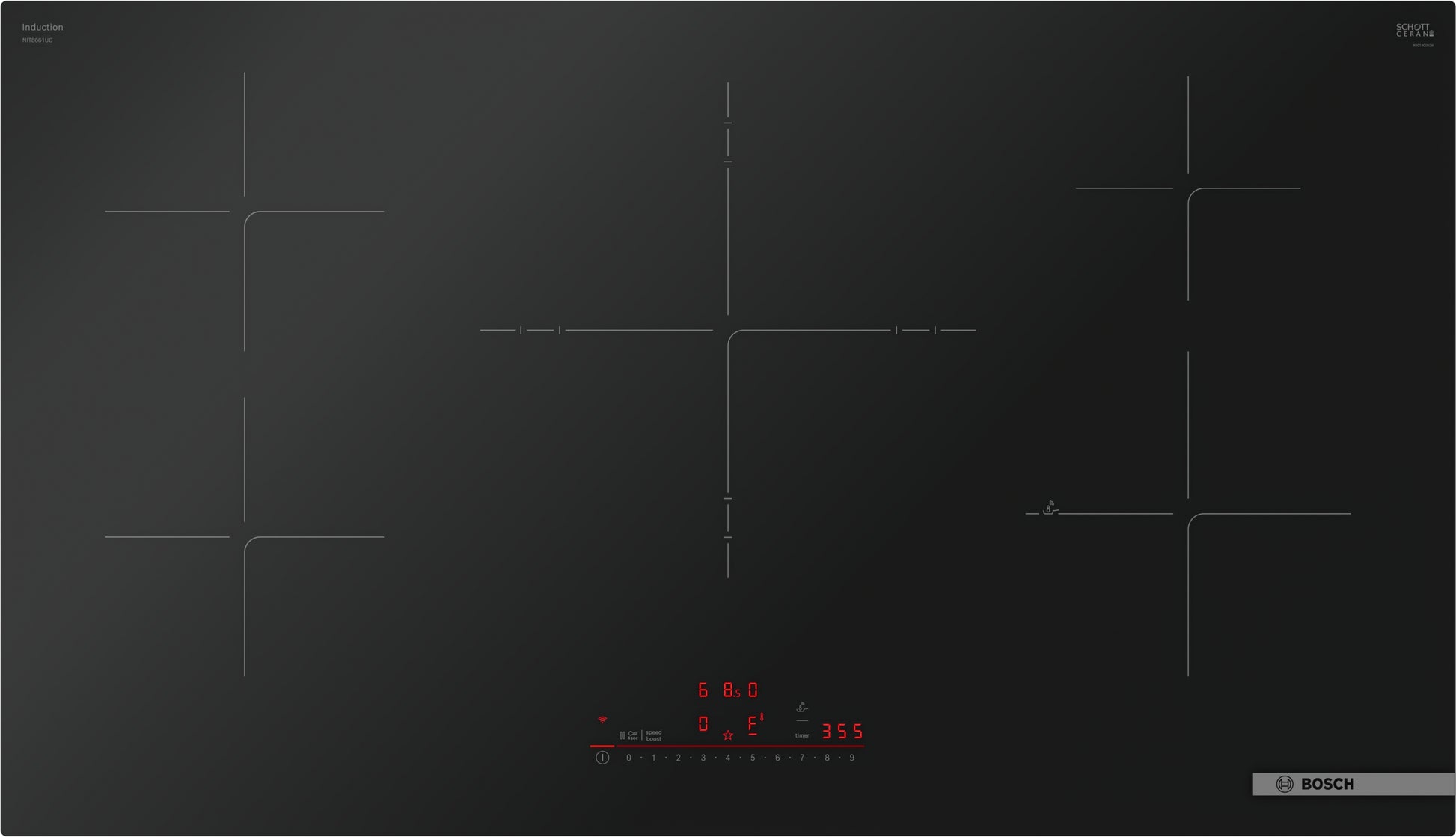 Black Bosch induction cooktop with digital touch controls and four heating zones from Cooktops and Appliances collections