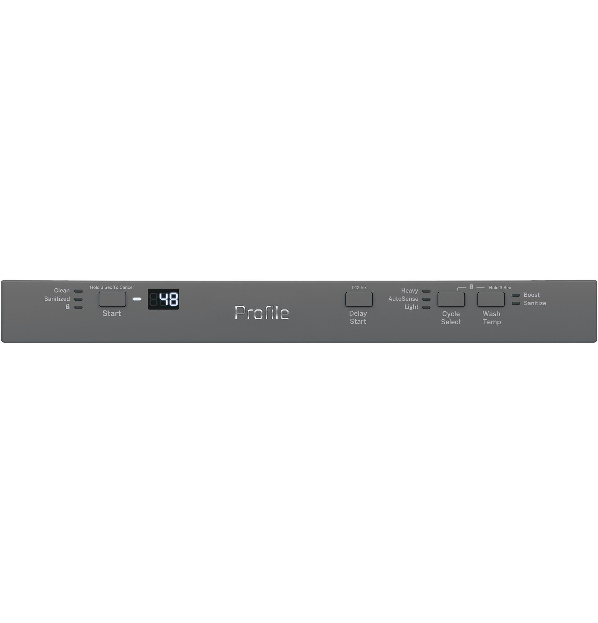 Close-up of dark gray control panel with digital timer and cycle options for dishwasher from kitchen appliances collection