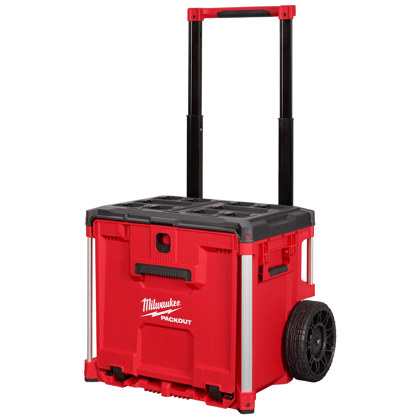 Red rolling tool storage box with extendable handle and large wheels for workshop and jobsite organization