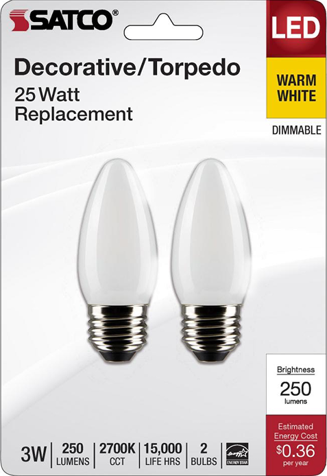 Two frosted LED decorative torpedo bulbs with medium base, warm white light, dimmable, energy-efficient lighting solution