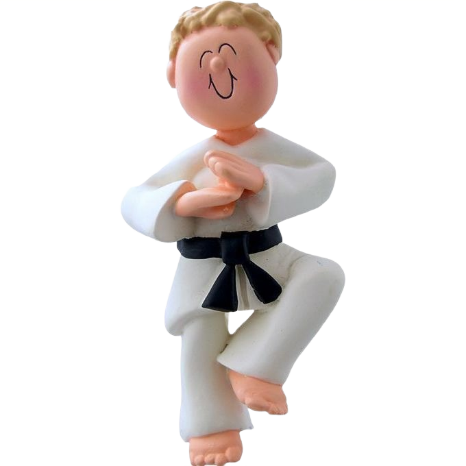 Blonde male karate figure in white uniform with black belt smiling for Christmas Ornaments & Tree Decorations under $50 collection