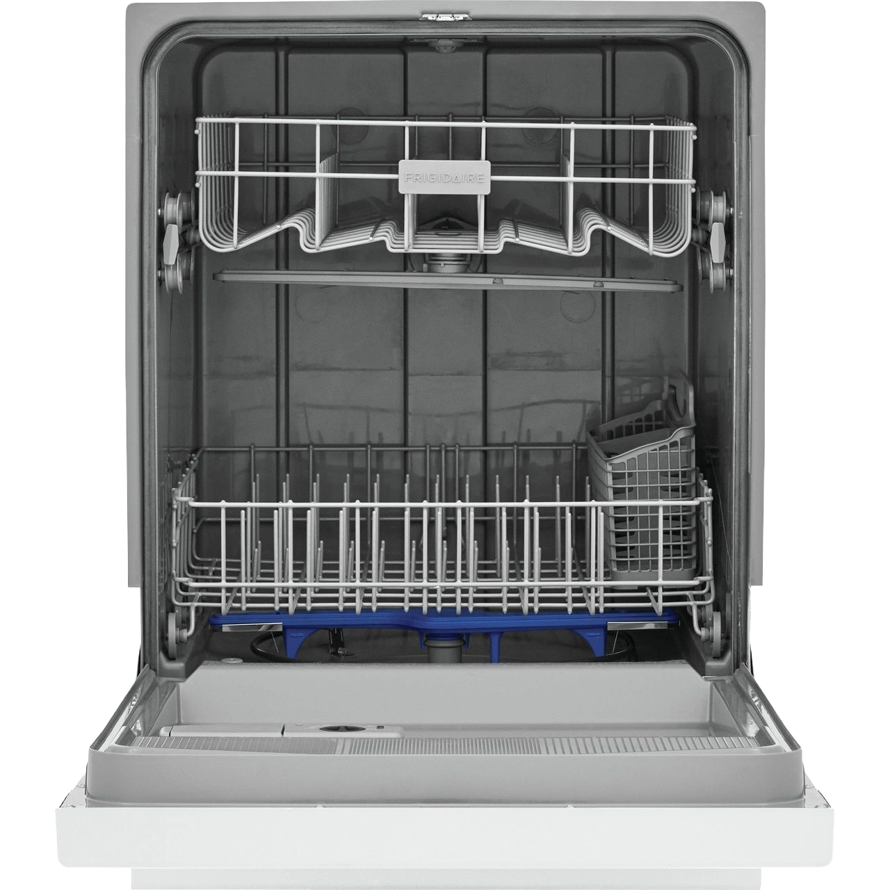 Open stainless steel dishwasher interior with adjustable racks and utensil basket for kitchen and home improvement use
