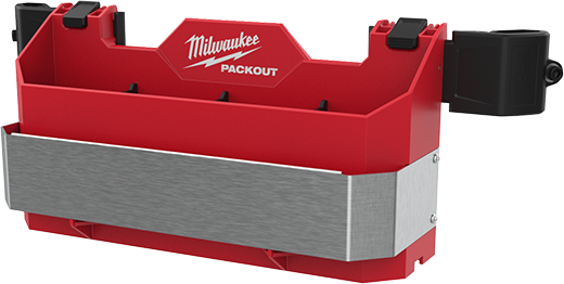 Red Milwaukee PACKOUT™ tool box caddy attachment with metal band for organizing hand tools in workshop storage systems