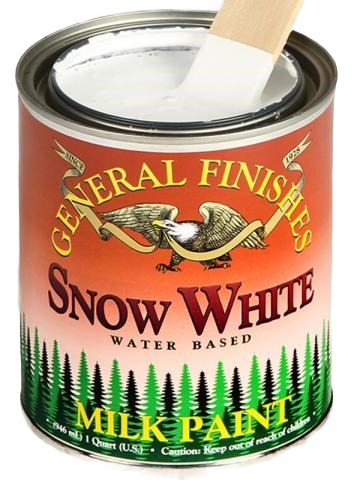 Open quart can of General Finishes white milk paint with paint stir stick, specialty paint for home improvement projects