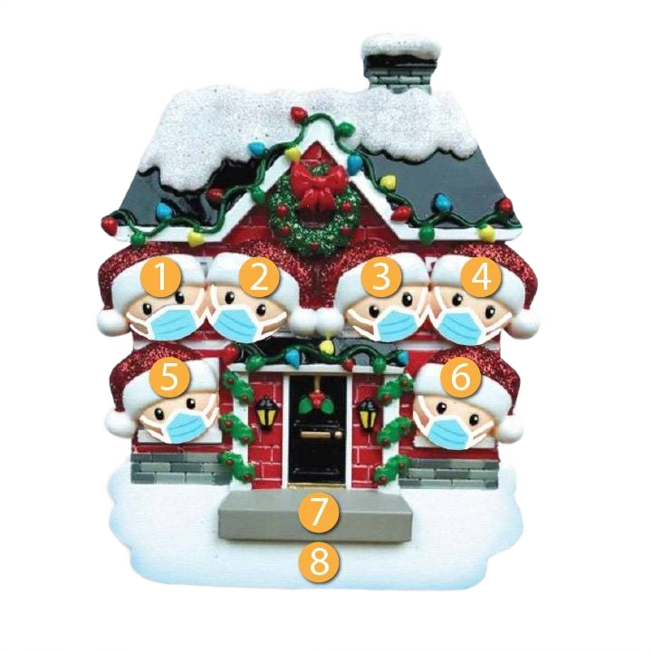 Christmas ornament depicting a snowy house with a masked family of six in festive holiday decor under $50 collection