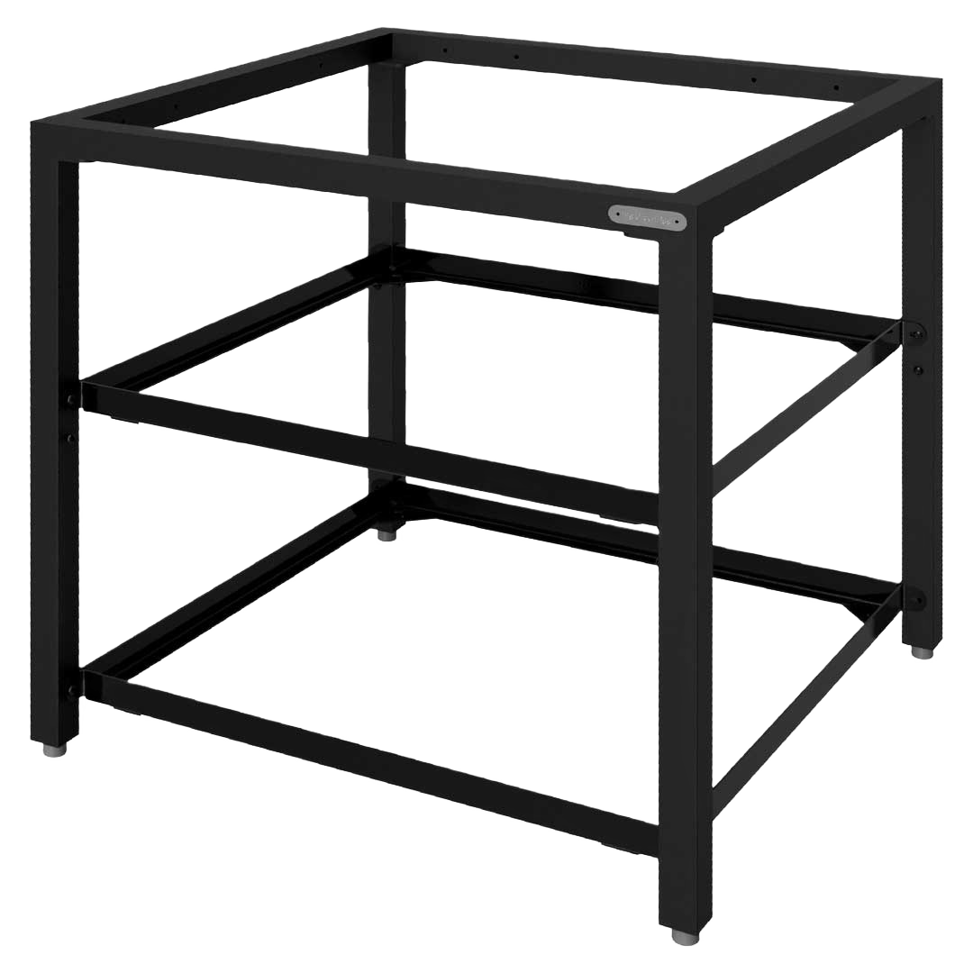 Black metal expansion frame with adjustable feet designed for modular grilling setup in home improvement projects