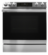 Stainless steel electric slide-in range with digital display and convection features in kitchen appliance collections