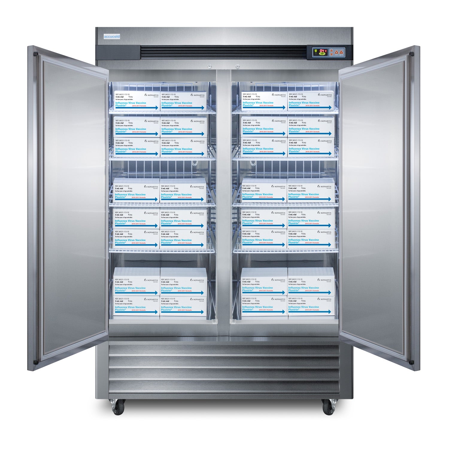 Stainless steel upright refrigerator with double doors showing pharmaceutical storage boxes inside for appliances collection