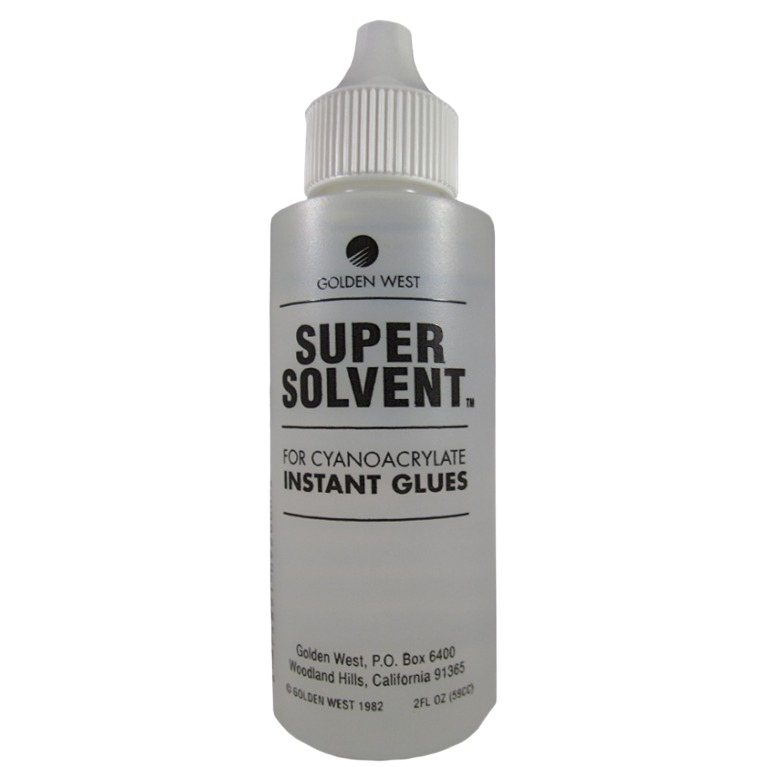 Clear plastic bottle of Super Solvent for dissolving cyanoacrylate glues, part of glue and adhesive supplies under $50 category