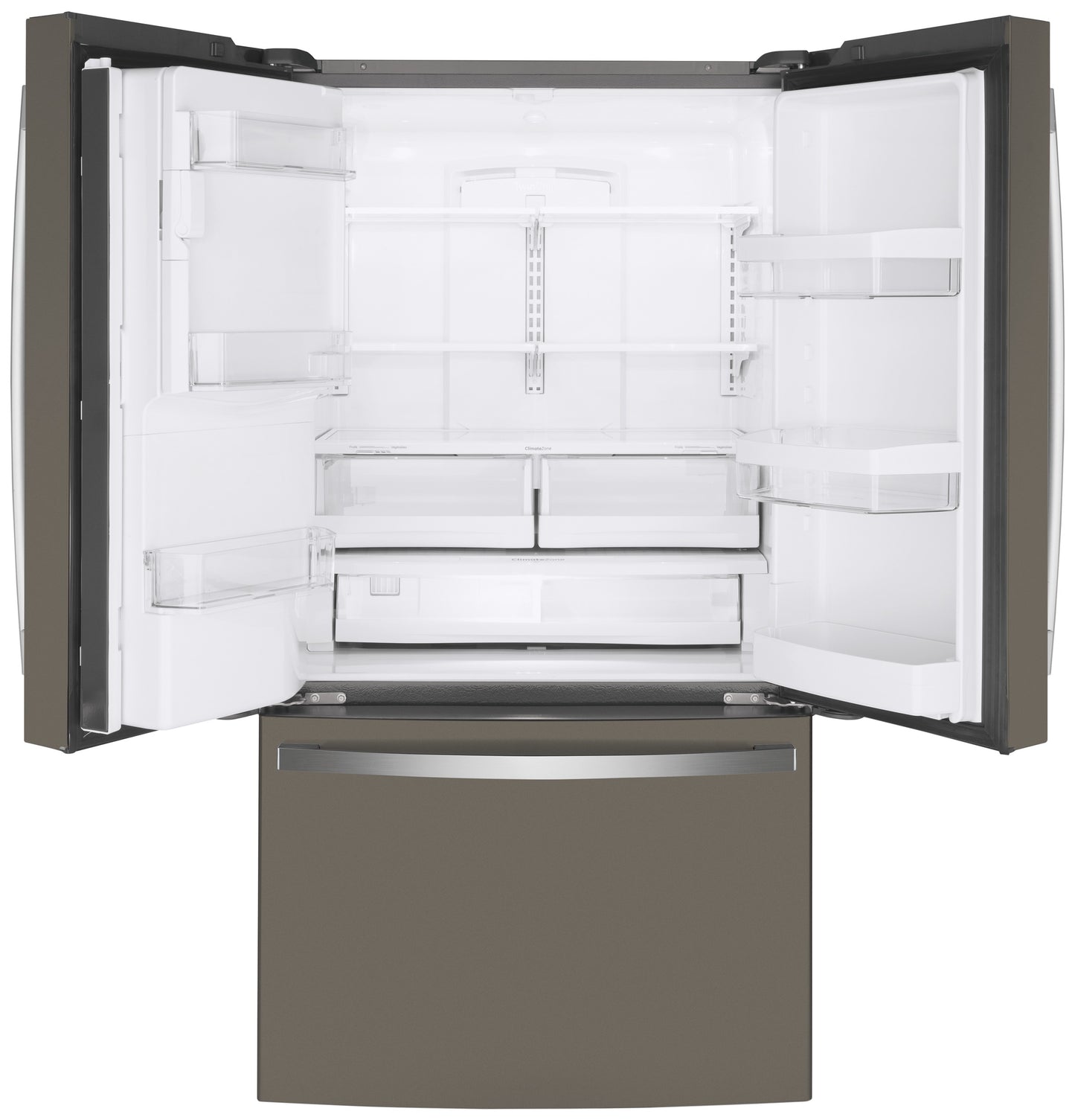Open counter-depth French-door refrigerator with empty interior and bottom freezer drawer in kitchen appliances collection