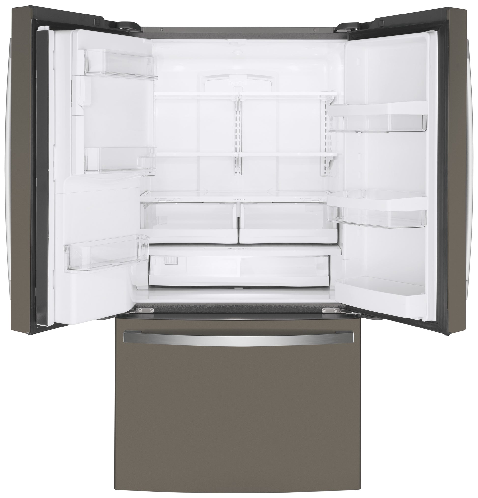 Open counter-depth French-door refrigerator with empty interior and bottom freezer drawer in kitchen appliances collection