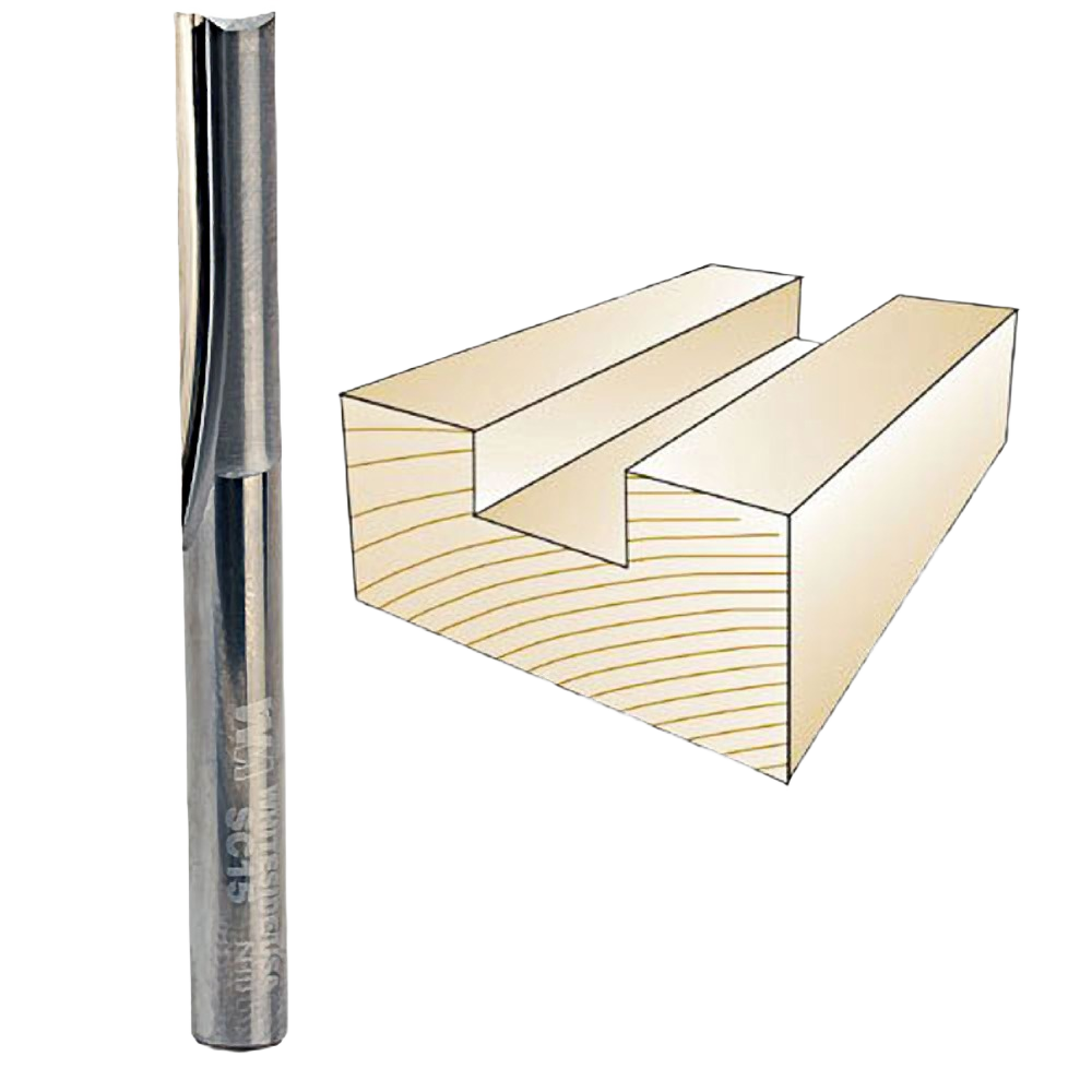 Solid carbide straight bit next to illustration of a clean straight cut in wood for tool accessories and drill bits collections