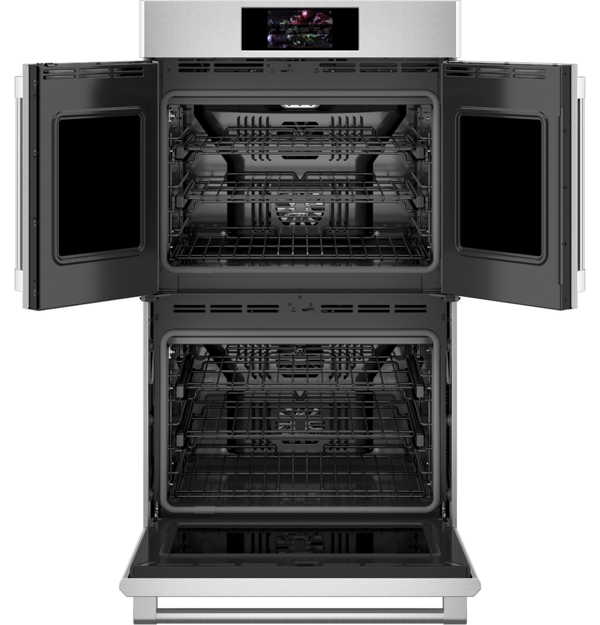 Modern stainless steel double oven with French doors open, adjustable racks, and digital display from Wall Ovens collection