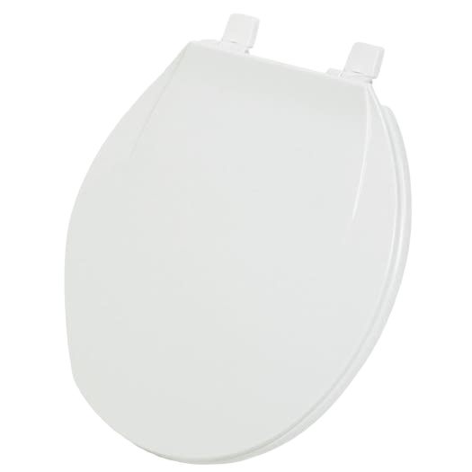 Round closed front white plastic toilet seat with durable hinges for home improvement projects