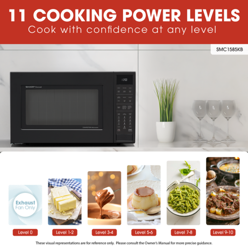 Black countertop convection microwave oven with digital control panel, shown in kitchen with decorative plant and glassware