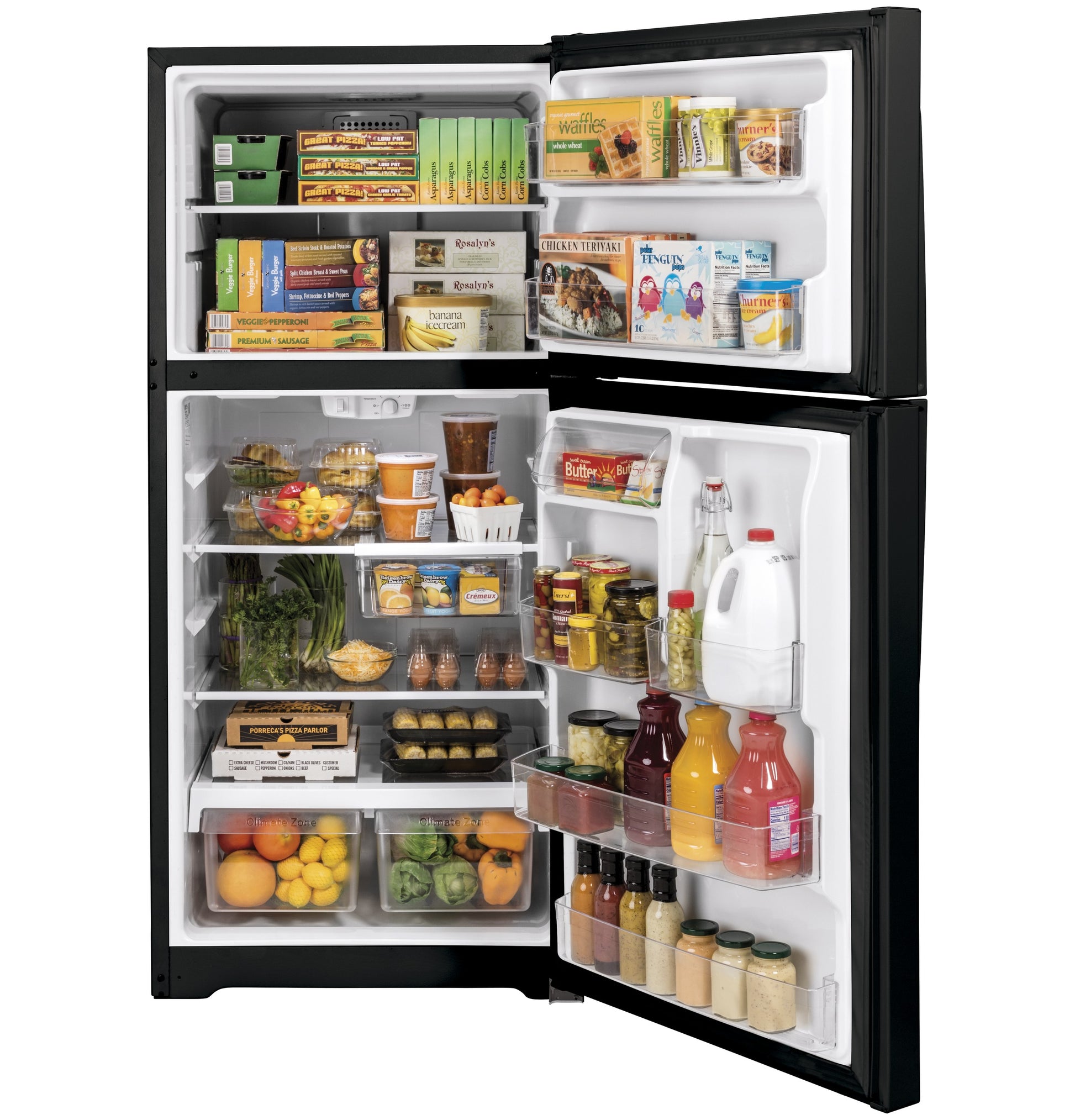 Open black top-freezer refrigerator with organized shelves and door storage in appliances and kitchenware collection