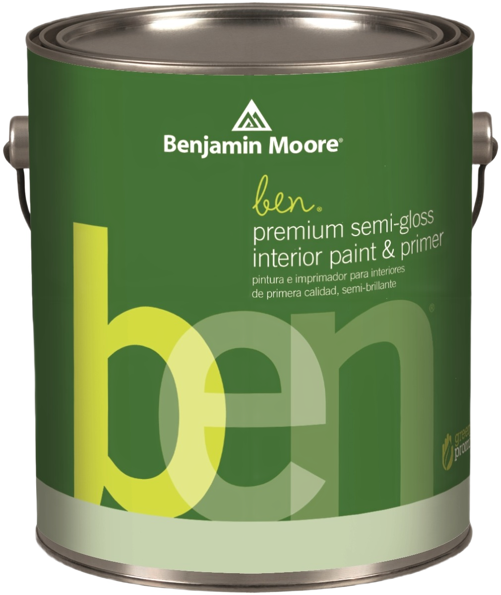 Green Benjamin Moore semi-gloss interior paint and primer can of premium tintable base for home improvement projects