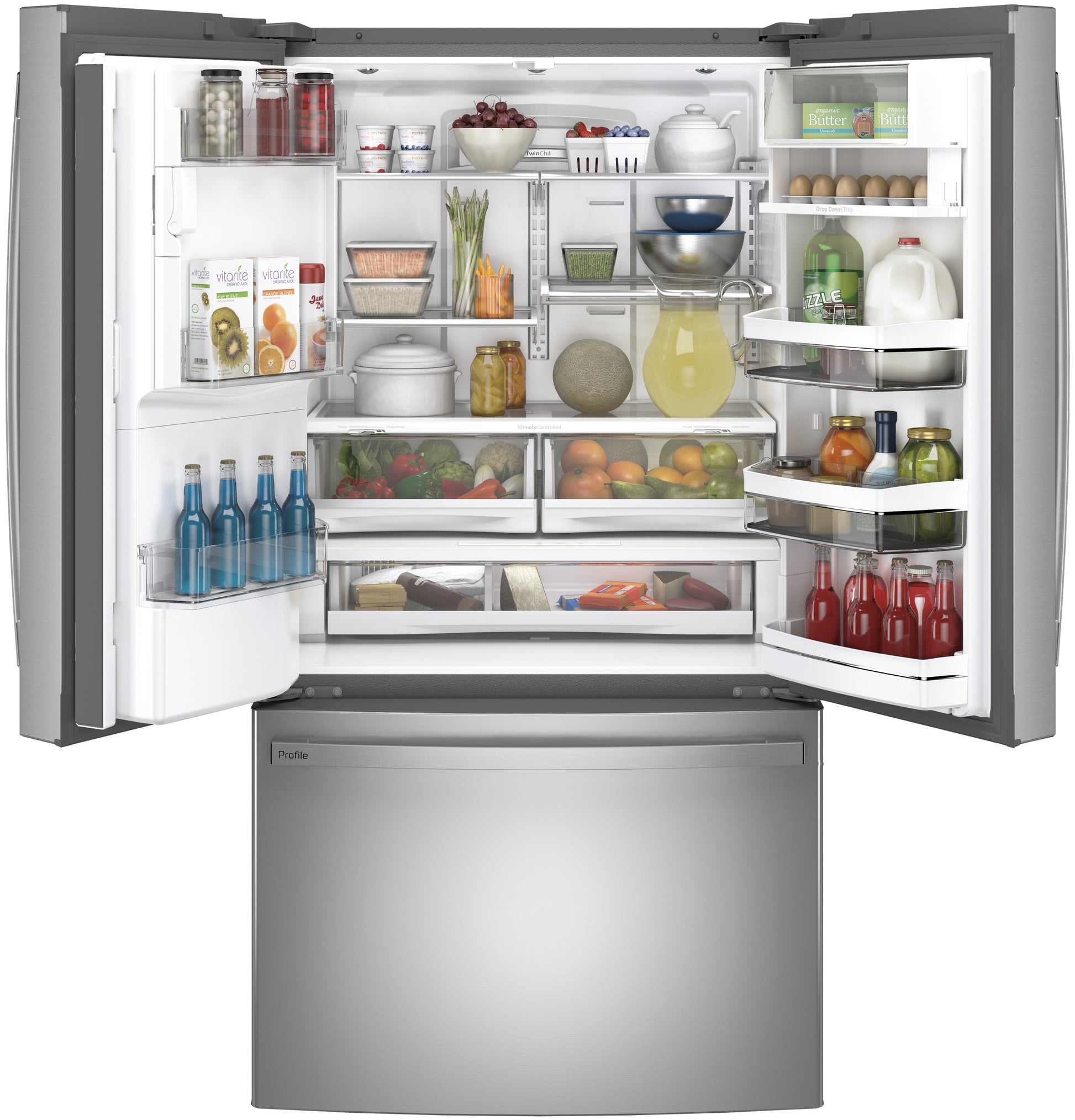 Stainless steel French-door refrigerator open to show organized interior with shelves and drawers from Refrigerators collection