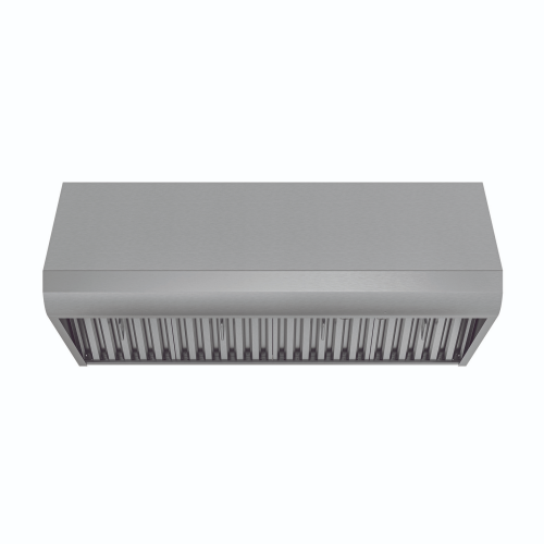 Stainless steel canopy range hood with commercial-style baffle filters, designed for effective ventilation in kitchen and home improvement settings at Hartville Hardware.