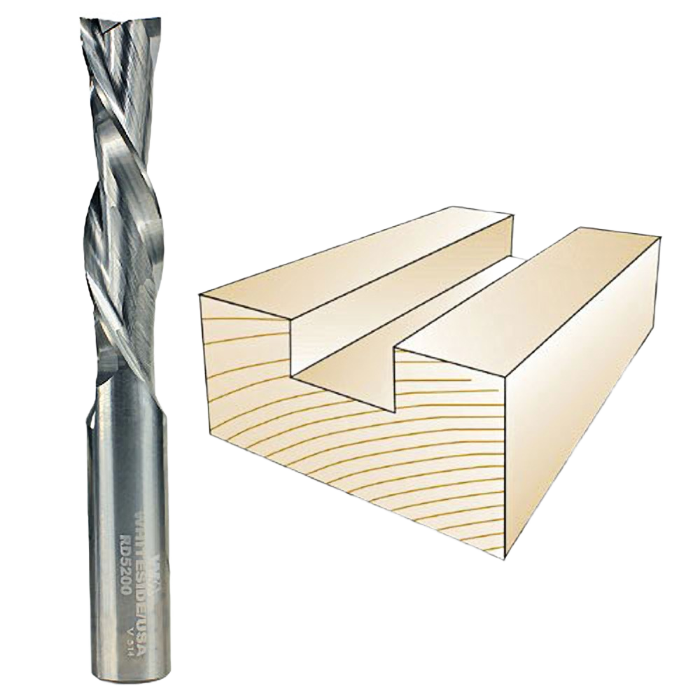 Spiral downcut router bit with cutting diagram for clean edges in woodwork tool accessories and drill bits collections