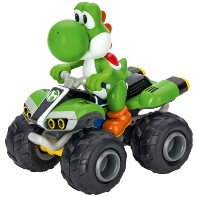 Green Yoshi character riding a green and black quad bike toy with large rugged tires