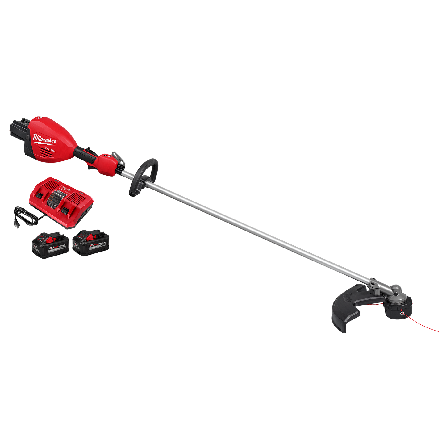 Red cordless string trimmer with dual batteries and charger for landscaping and home improvement tasks