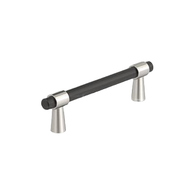 Modern cabinet pull with matte black bar and brushed metal cone-shaped bases for furniture hardware and home improvement.
