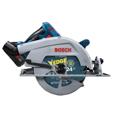Side view of Bosch cordless circular saw with blue and silver body designed for home improvement projects