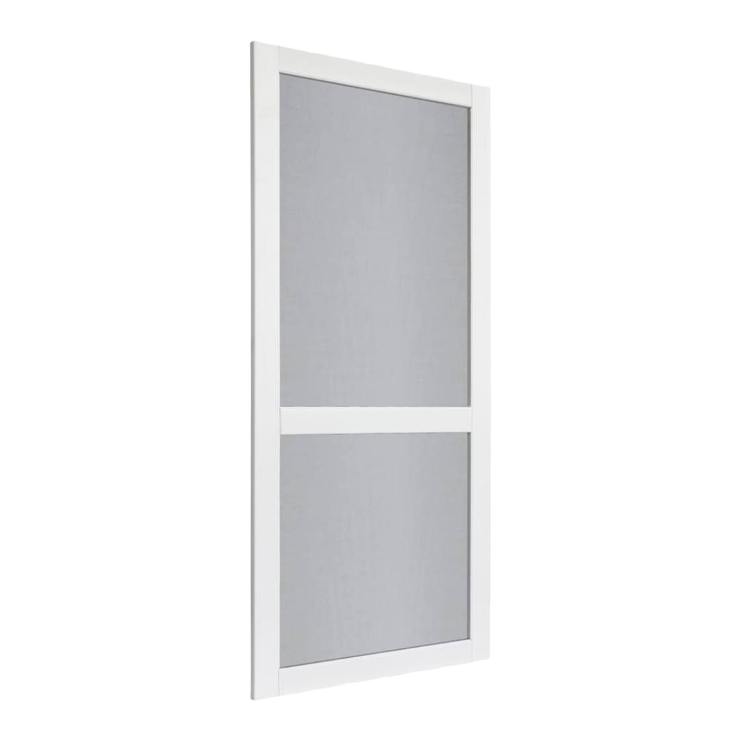 White solid vinyl screen door with mesh insert and reinforced horizontal crossbar for home improvement projects