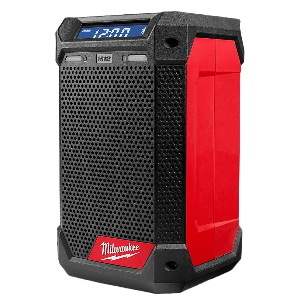 Compact red and black Milwaukee M12™ radio and charger with digital display and Bluetooth for tools and home improvement tasks