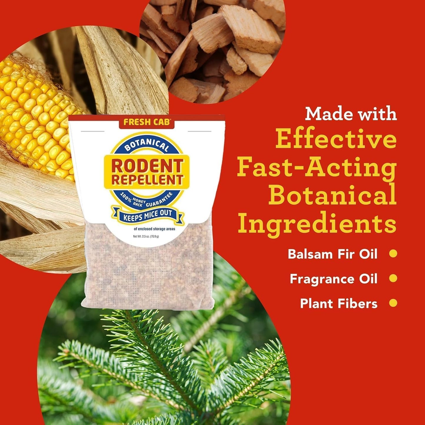 Pouch of botanical rodent repellent with balsam fir oil, fragrance oil, and plant fibers for pest control in lawn and garden collections
