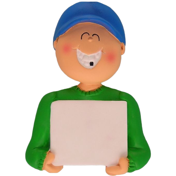 Cheerful boy figurine wearing blue hat and green shirt holding blank sign for Christmas ornament under $50 collection