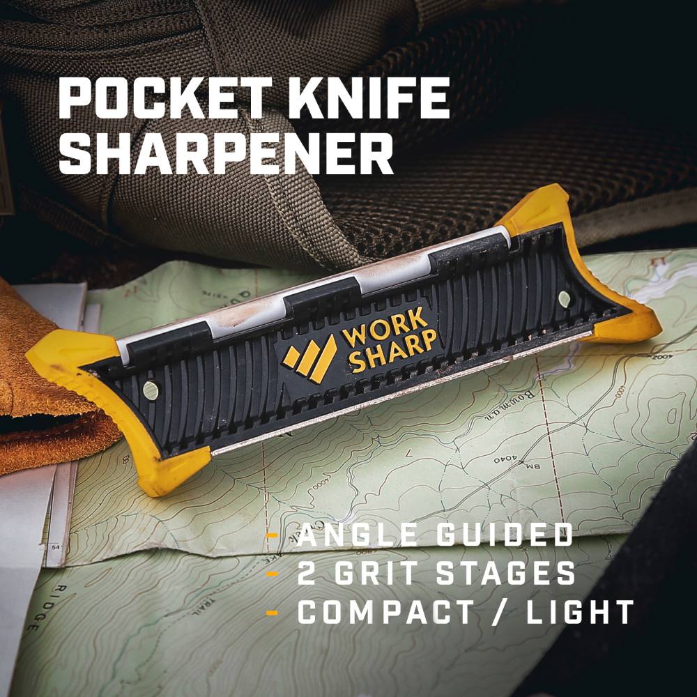 Compact black and yellow pocket sharpener with angle-guided design and dual grit stages for kitchenware and woodworking tools under $50