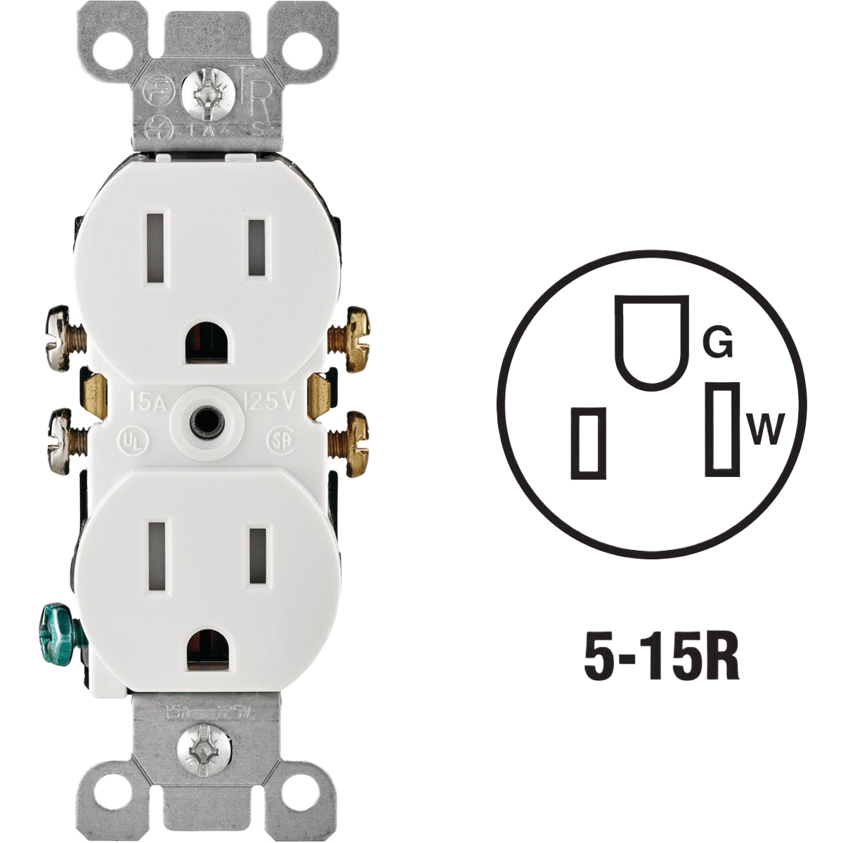 White 15 amp tamper resistant duplex electrical outlet with metal mounting frame for home improvement under $50 collection