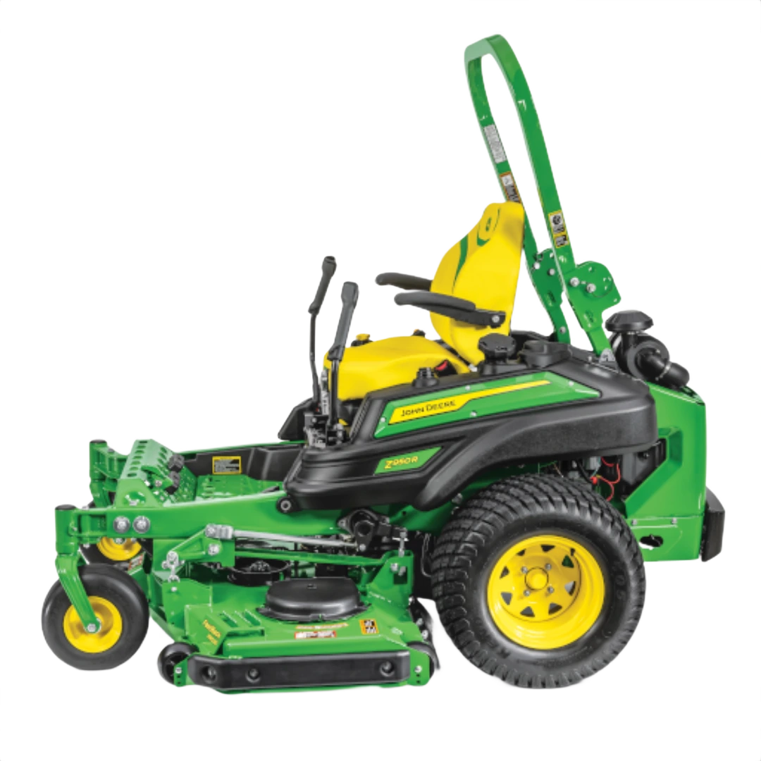 Green and yellow zero-turn mower with ergonomic seat and 60-inch rear-discharge deck for home improvement use