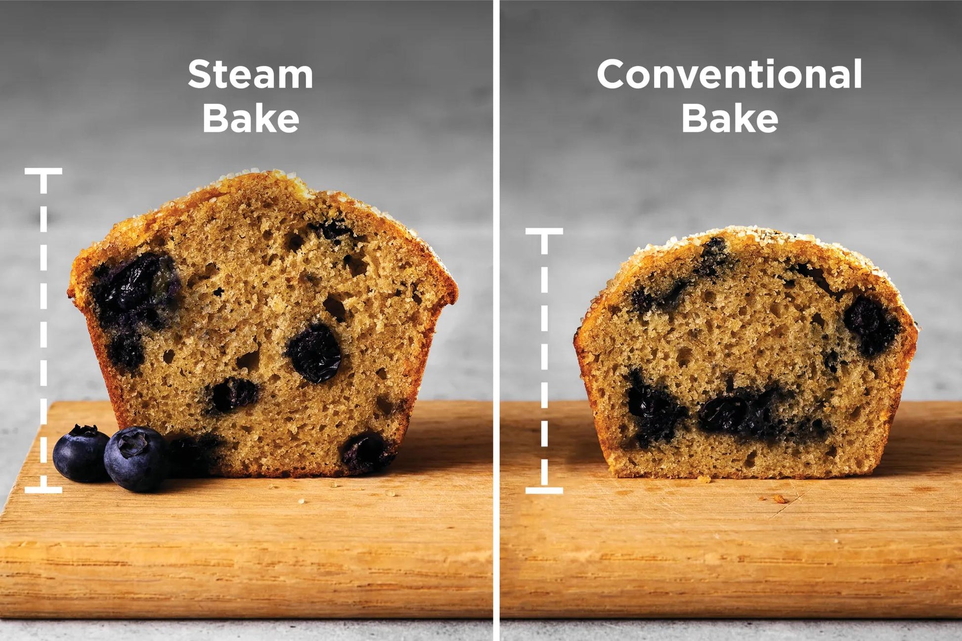 Comparison of two blueberry muffins on wooden board showing height difference between steam bake and conventional bake methods