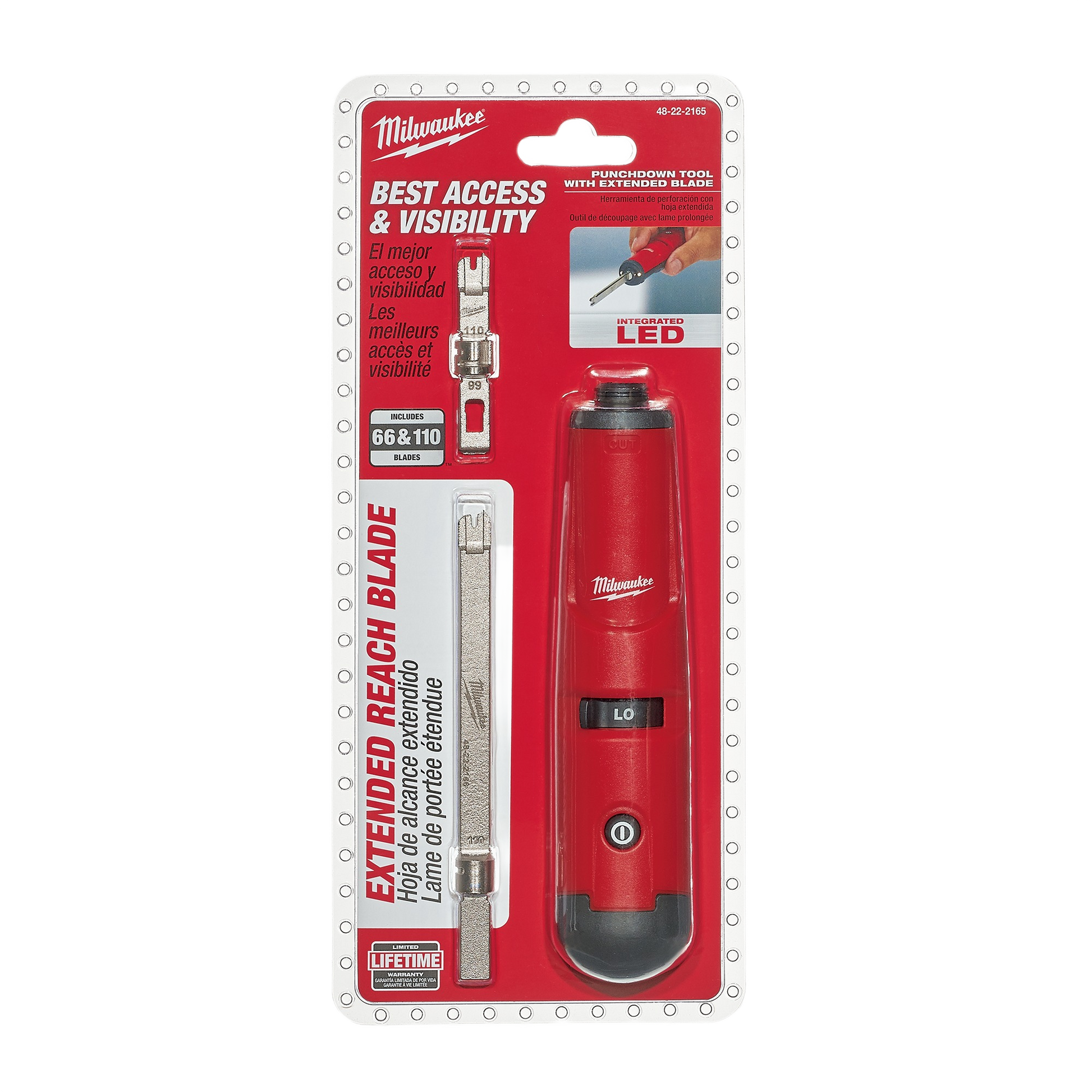 Red Milwaukee punchdown tool with extended blade and integrated LED for enhanced visibility in home improvement tasks