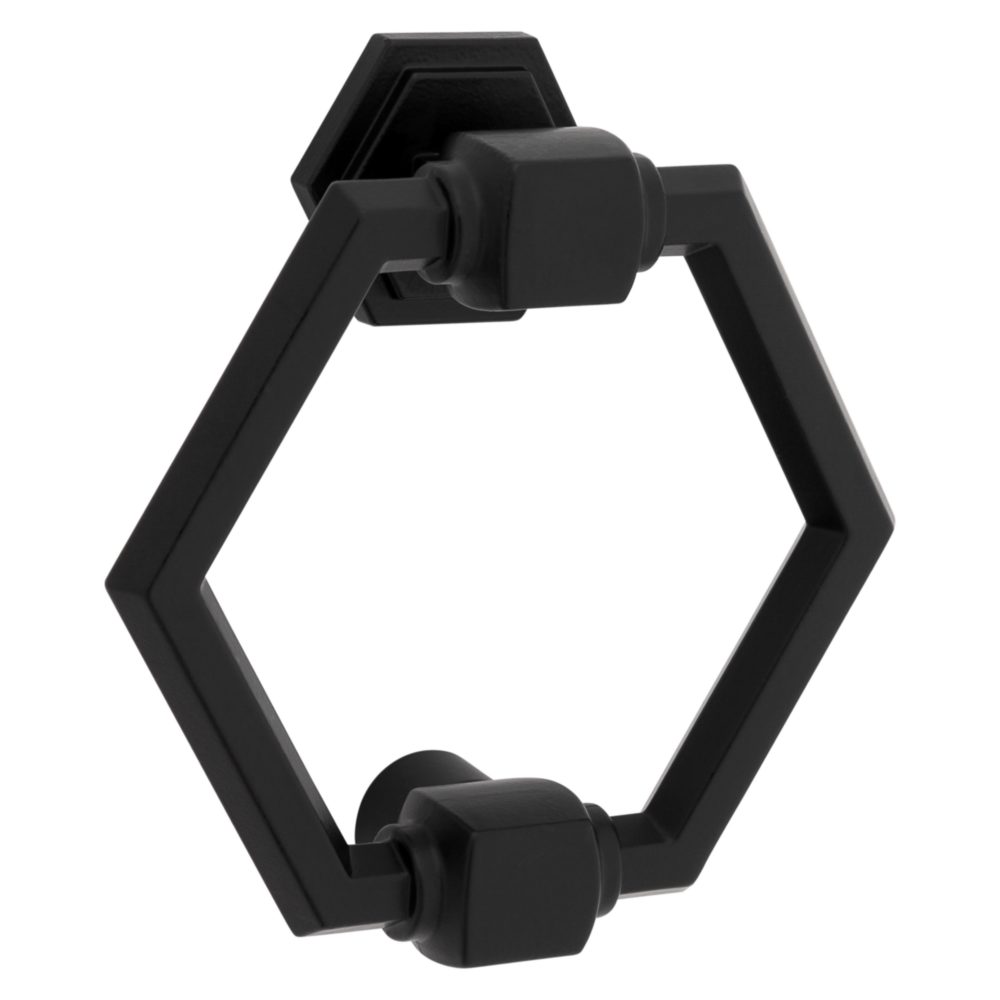 Matte black hexagonal door knocker crafted from zinc for durable home improvement and door accessory use.