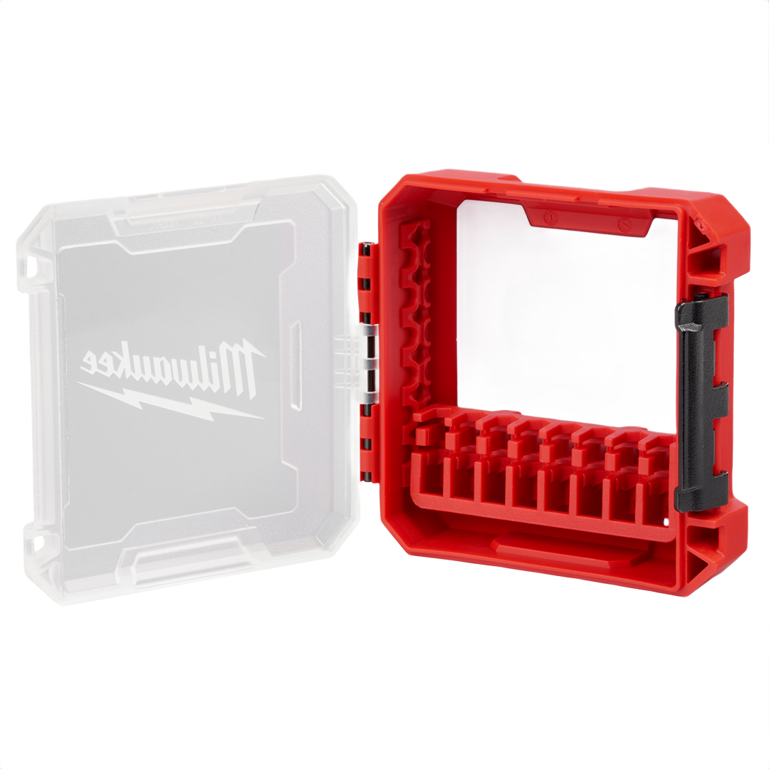 Red compact case with clear hinged lid and internal slots for organizing impact driver accessories in home improvement projects