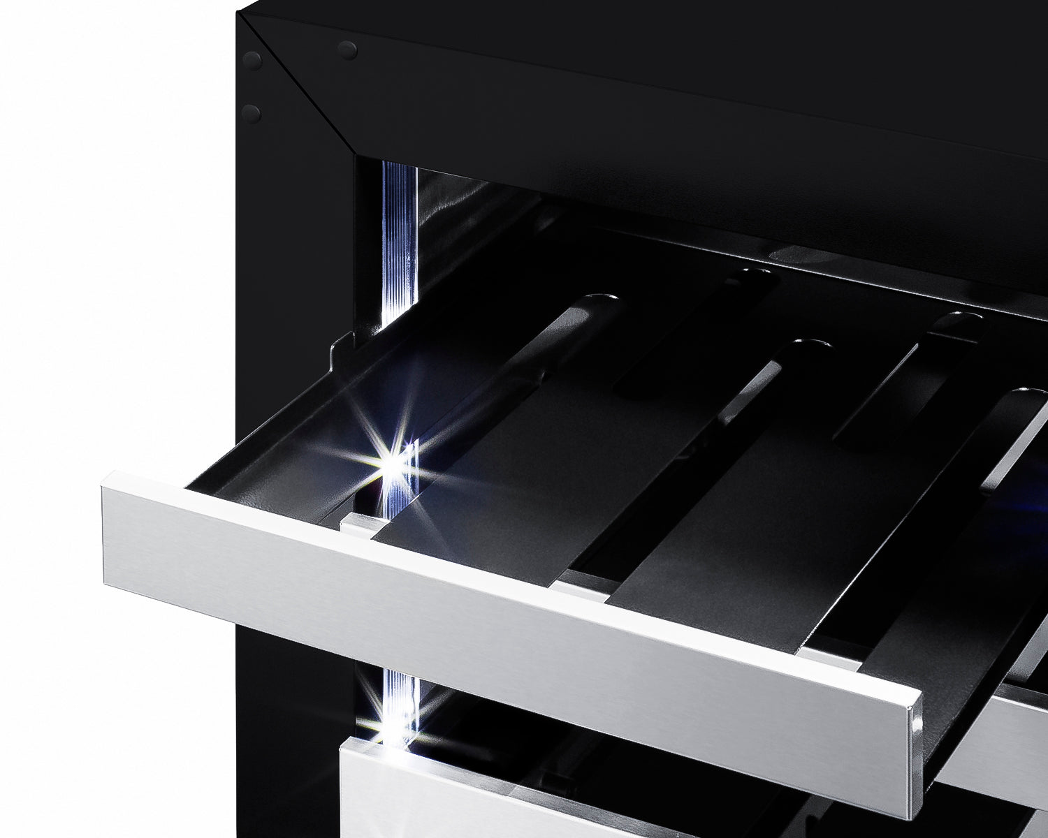Close-up of metal wine rack shelf with LED lighting inside a built-in beverage center appliance.