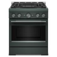 Front view of dark green 30-inch commercial-style gas range with four burners in KitchenAid ranges collection