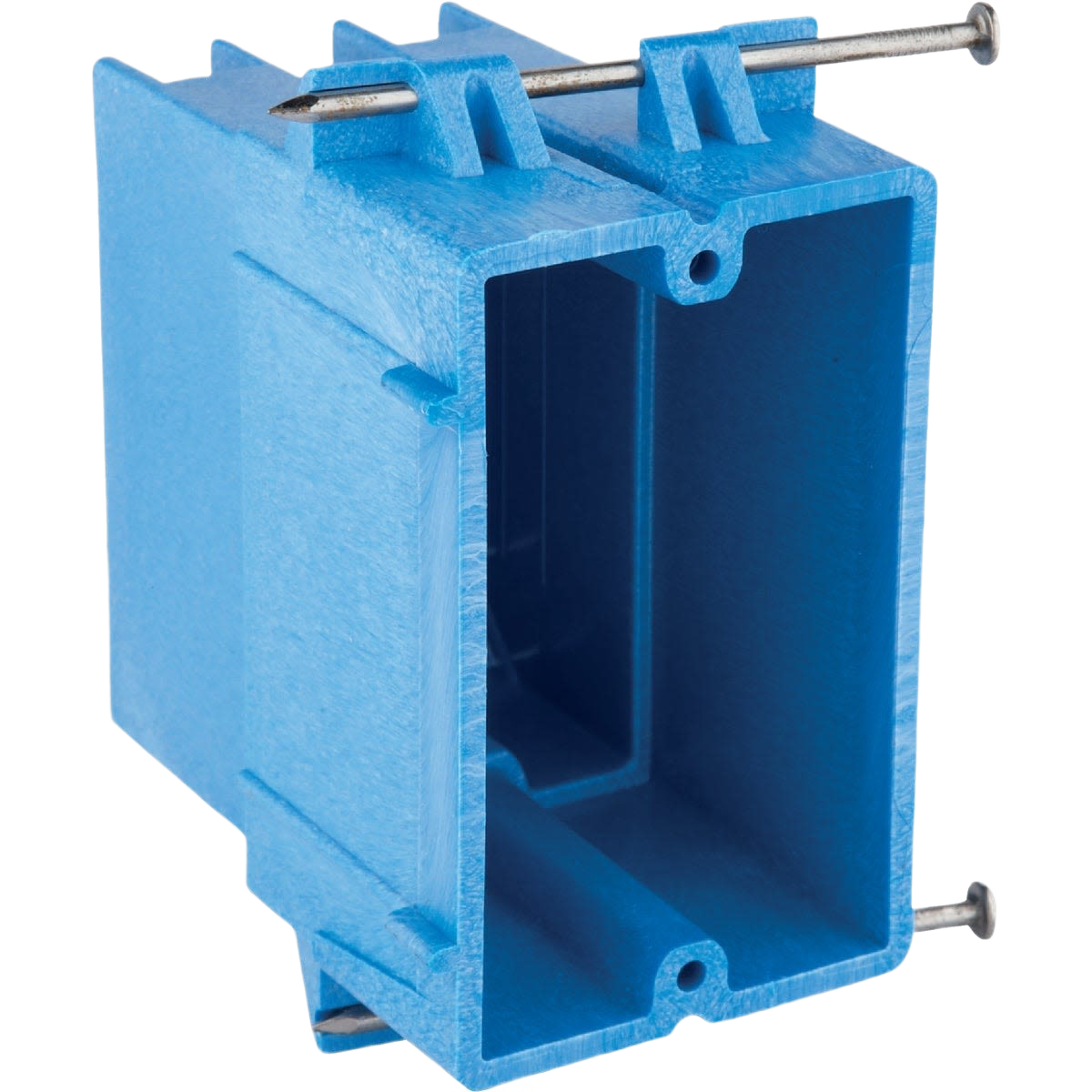 Blue durable plastic electrical wall box with mounting nails for home improvement and electrical fittings collections