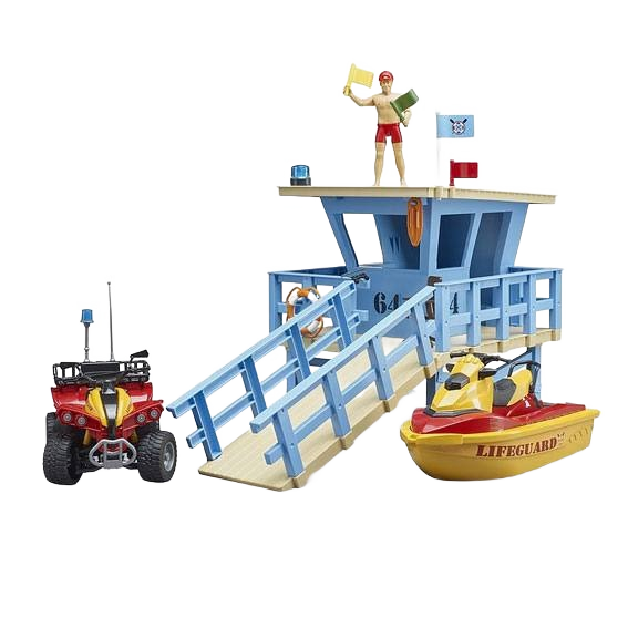 Blue lifeguard station playset with quad and watercraft for imaginative play in Bruder Toys and Vehicles collections