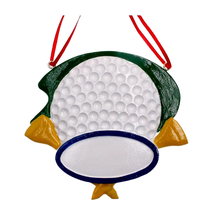Personalized Christmas ornament featuring a golf ball with yellow tees and a blue and white plaque design