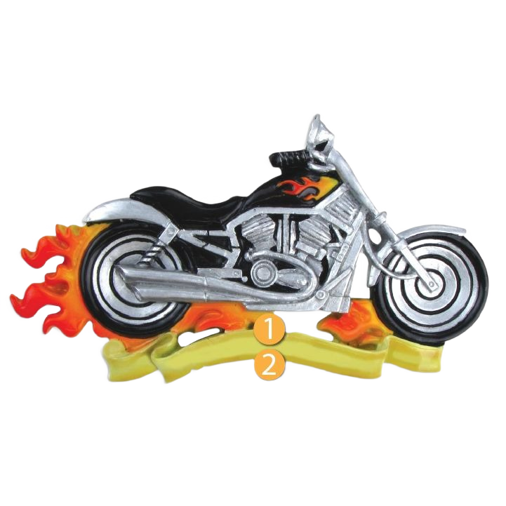 Silver and black motorcycle ornament with flame design and customizable banner for Christmas Ornaments & Tree Decorations collection