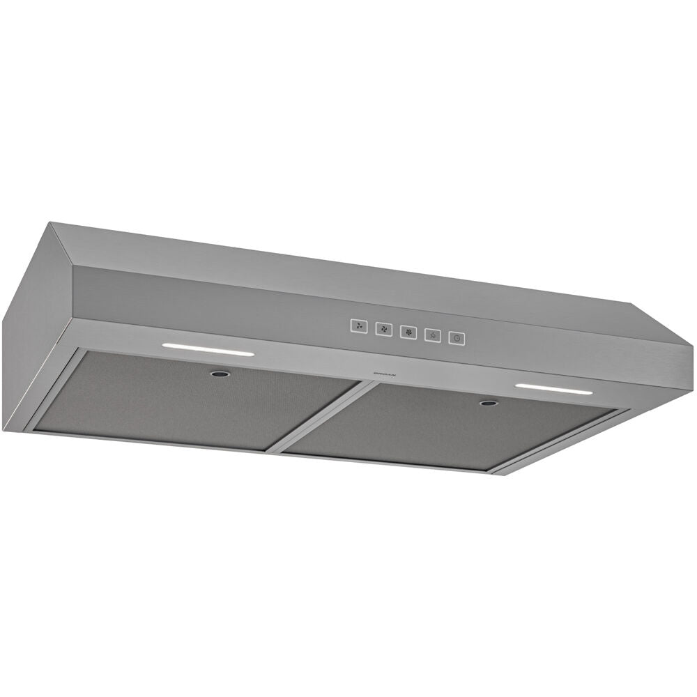 stainless steel under-cabinet range hood with dual filters and LED lights for kitchen and home improvement tools