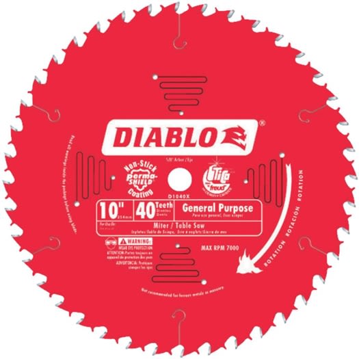 Red 10-inch circular saw blade with 40 teeth for general purpose cutting in tools and home improvement projects